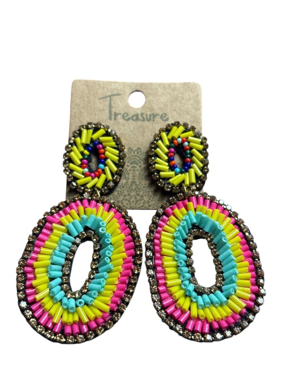 Treasure Beaded Statement Dangle Earrings Colorful Goldtone Rhinestones 3 in New